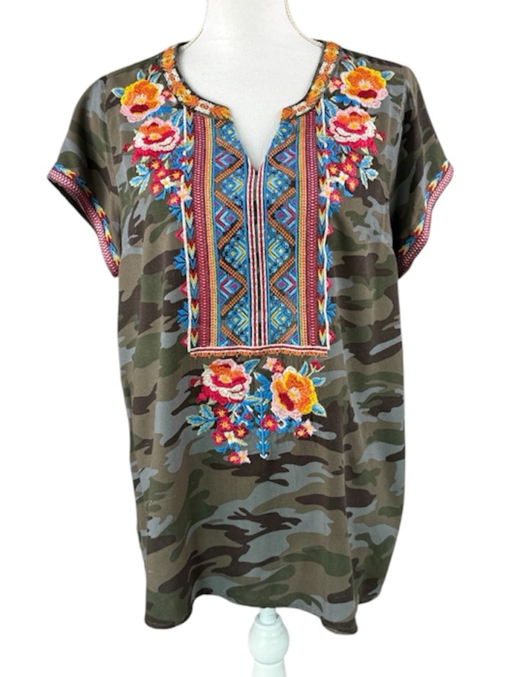 Savanna Jane Camo Print Aztec Embroidered Top